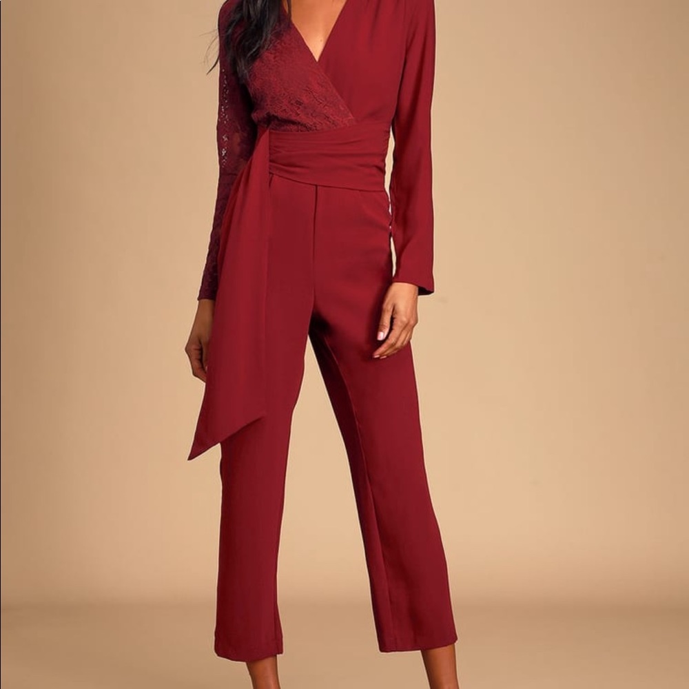 Maroon jumpsuit with lace.